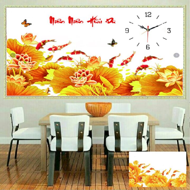 Tranh đính đá mẫu mới niên niên hữu dư cá chép,nằm nào cũng dư -KT: 90x45