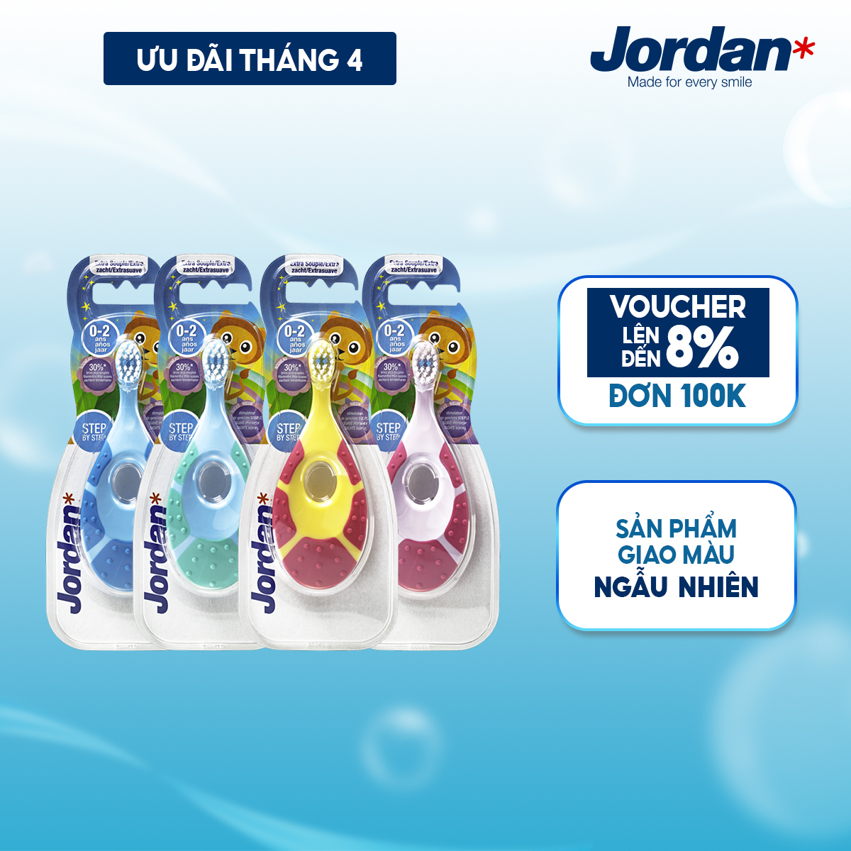 [Giao màu ngẫu nhiên] Combo 4 Bàn chải đánh răng Jordan bước 1 cho bé 0-2 tuổi - Lông tơ mềm siêu mảnh bảo vệ nướu trẻ em, xuất xứ Na Uy