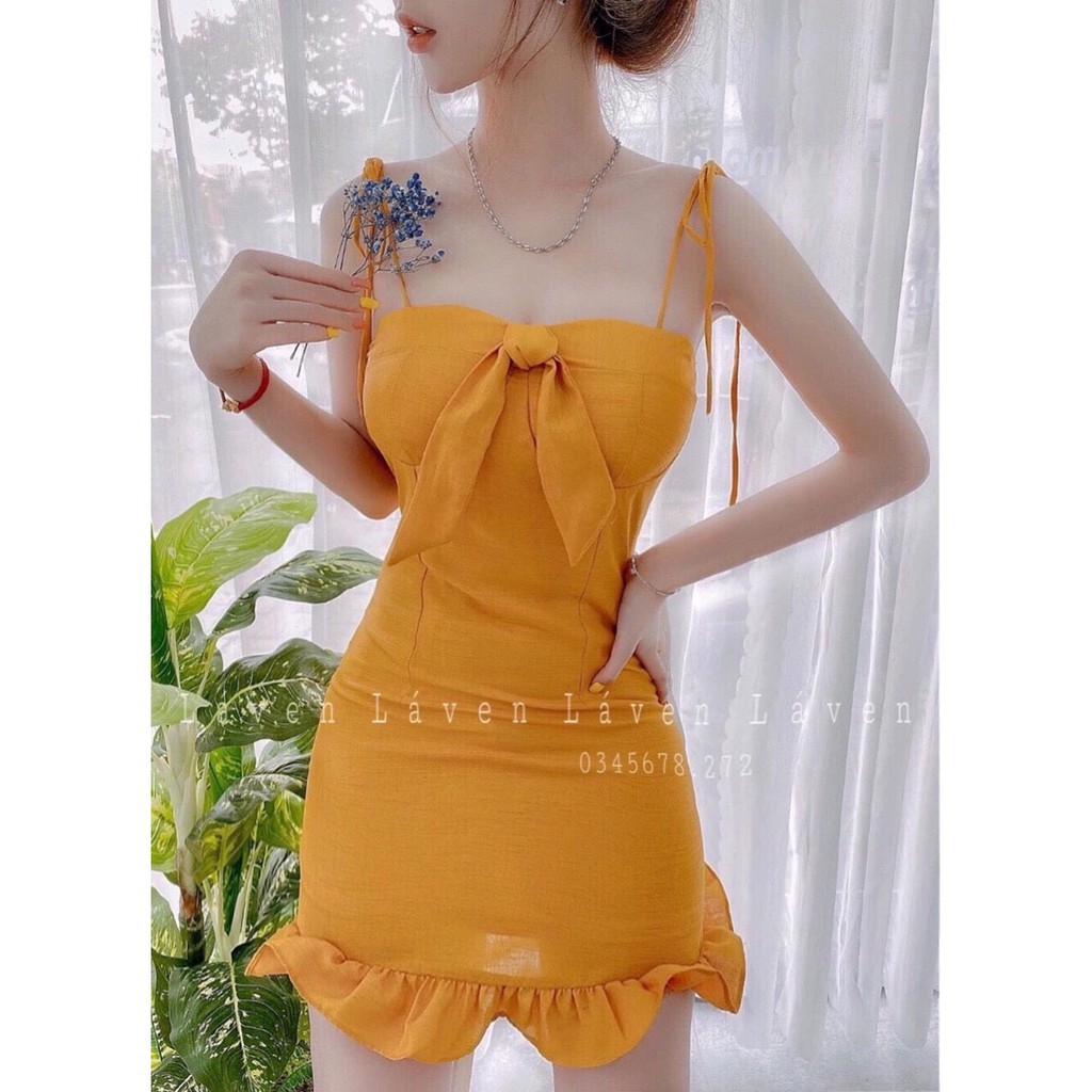 Đầm body 2 dây thắt nơ ngực dễ thương