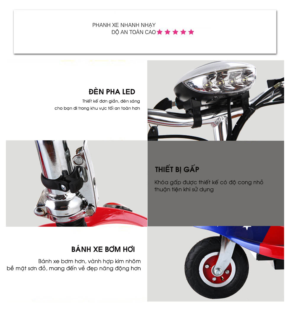Xe Điện Gấp Gọn Mini E-SCOOTER (Có Giảm Sóc/ Tặng Yên Em Bé/ Ác Quy 24V-12A)