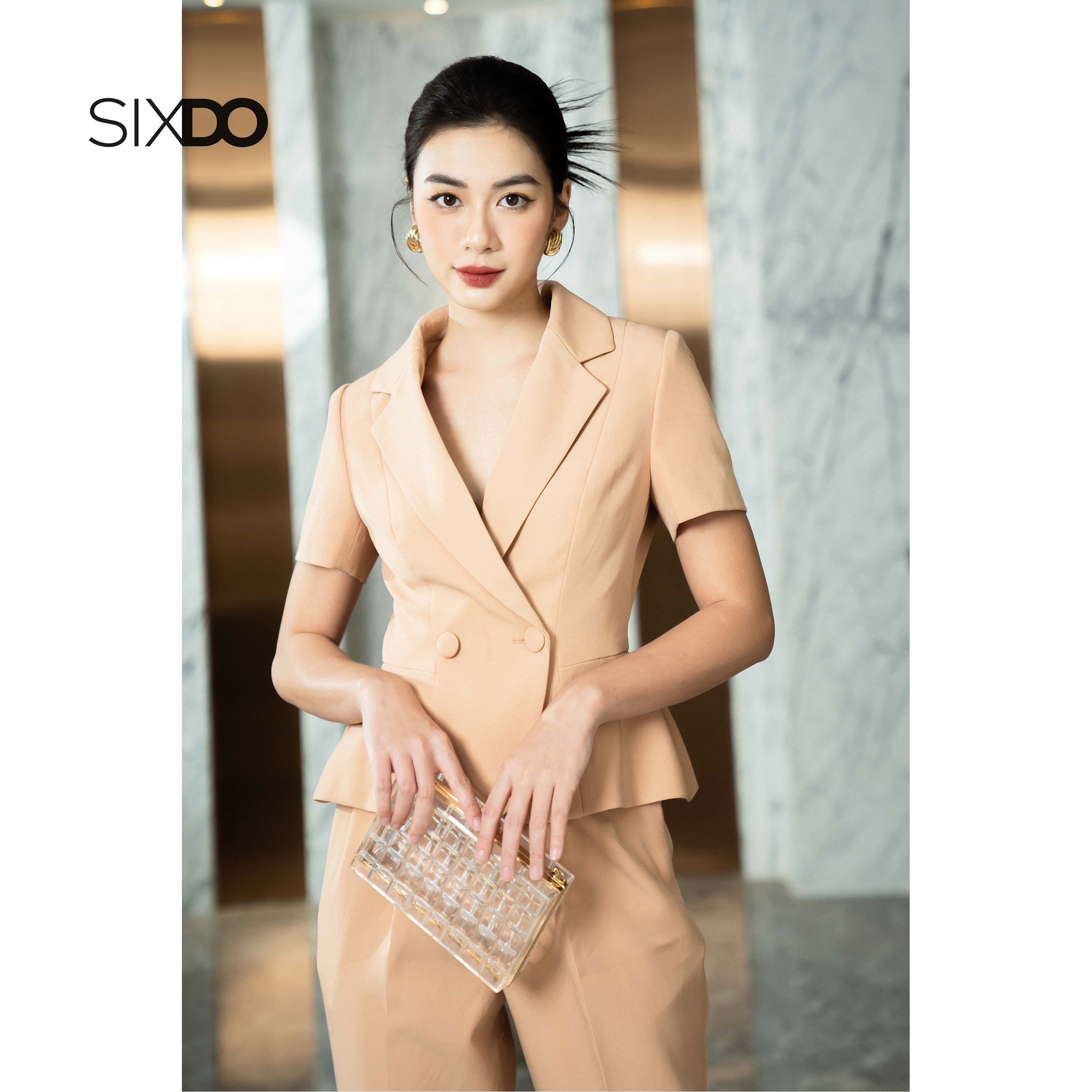Áo vest nữ ngắn tay be đậm sixdo