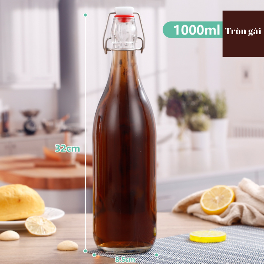 Chai Thuỷ Tinh Tròn Nắp Gài 1000ml. 1 lít