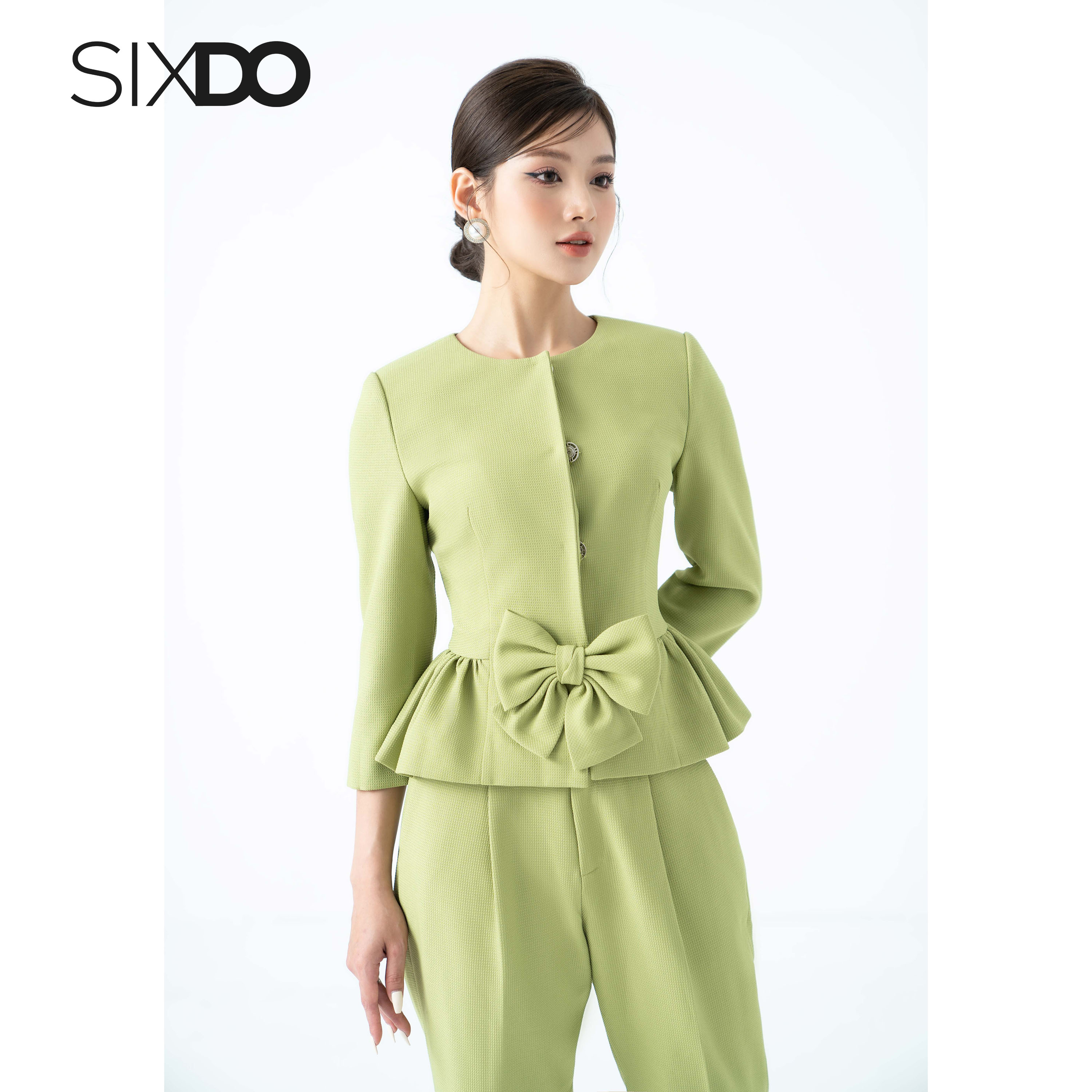 Áo vest nữ xanh dài tay phối nơ sixdo