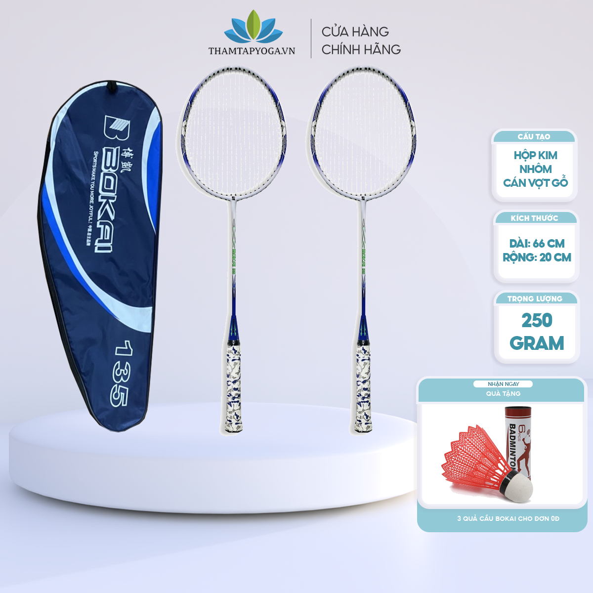 Cặp vợt cầu lông dây cước Bokai BK-135 [TẶNG KÈM 3 QUẢ CẦU]