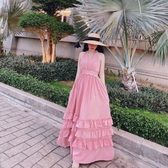 Đầm maxi yếm hở lưng bèo chân