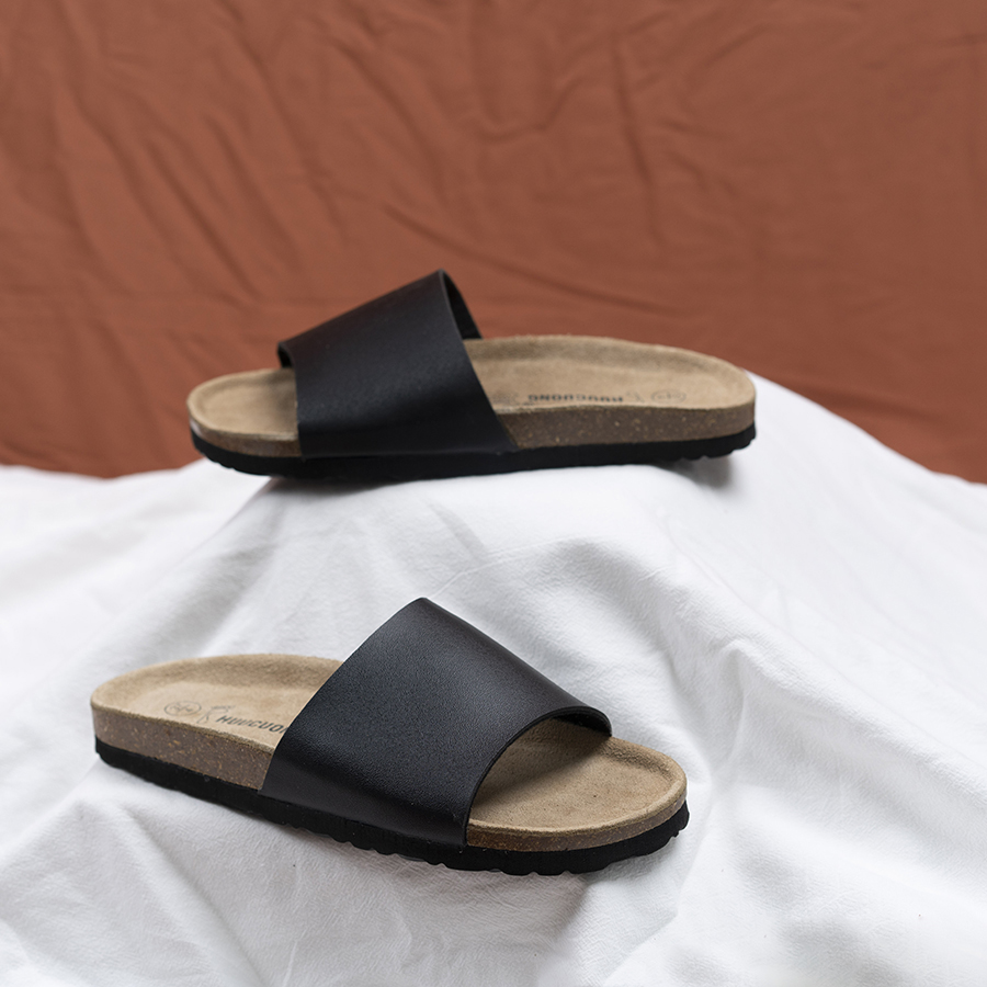 Dép đế trấu unisex 1 quai da pu đen