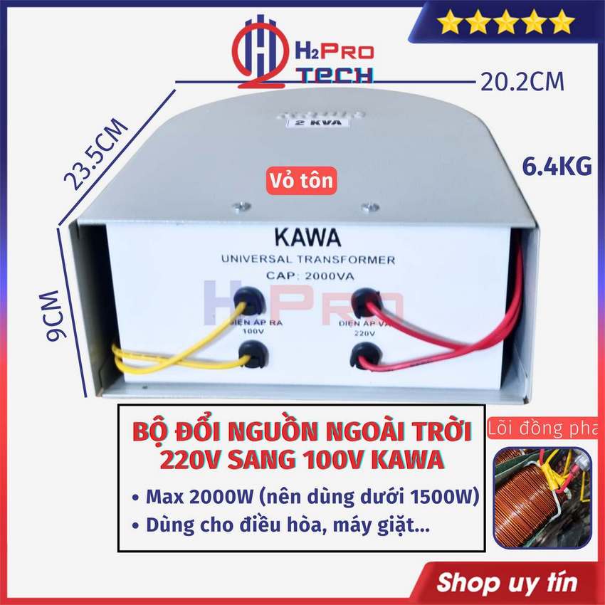 Đổi Nguồn 220V Sang 110V, 100V Ngoài Trời Kawa 2000W Dùng Cho Điều Hòa - Máy Giặt, Biến Áp Tự Ngẫu Cao Cấp - H2Pro Tech