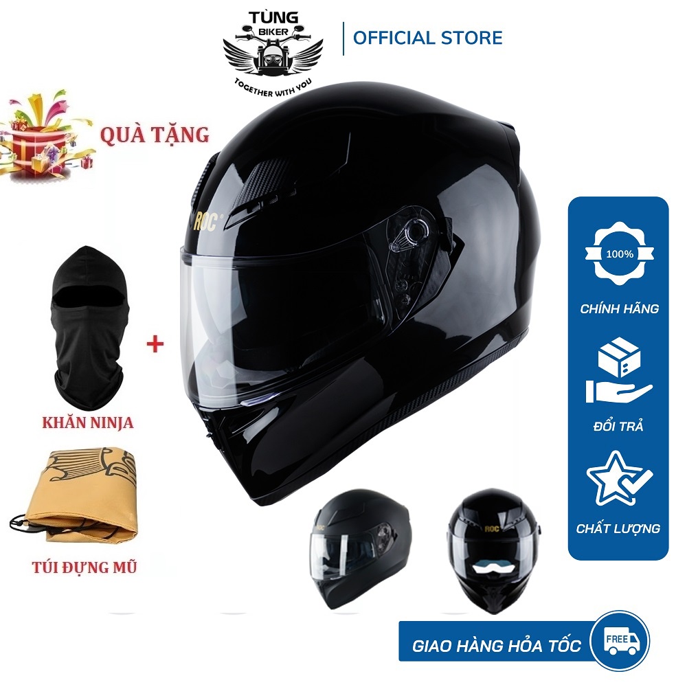 Mũ Bảo Hiểm Fullface 2 Kính ROC - R05 Trơn BH 24 Tháng - Tặng Khăn Trùm