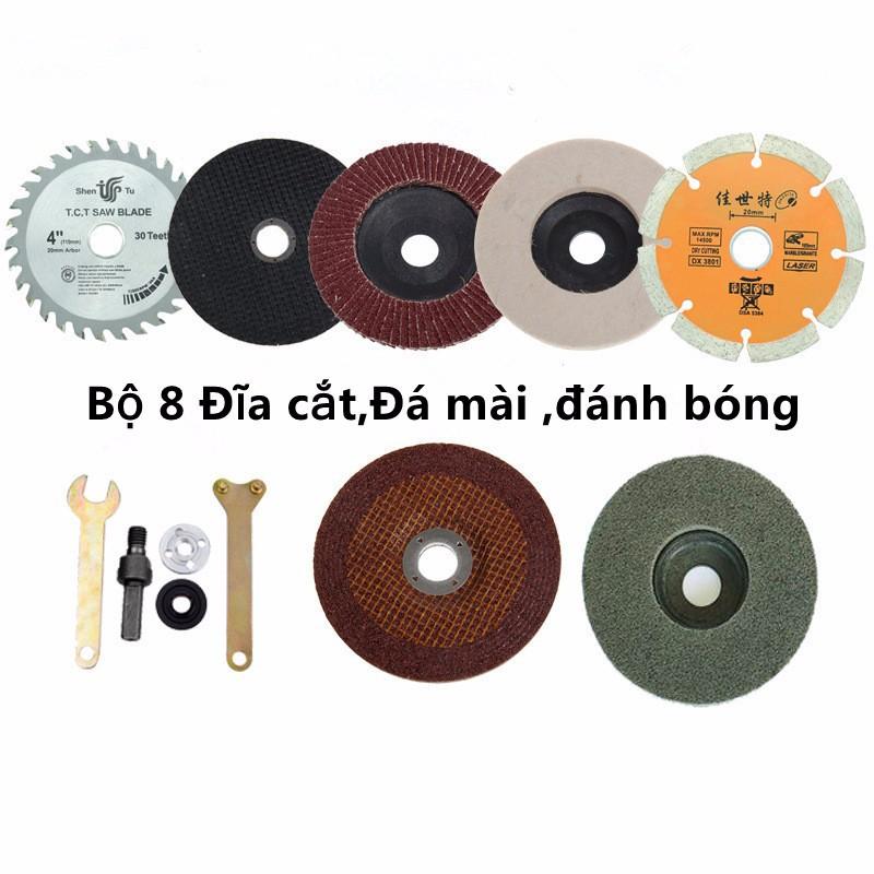 Bộ 8 Đĩa cắt,Đá mài ,đánh bóng A:1Bộ phụ kiện chuyển máy khoan thành máy cắt siêu tiện dụng B:Đá cắt sắt1 pcs C:Đá mài 1pcs D:Đá Ráp xếp( nhám xếp) 1 pcs E:lưỡi cưa 1 pcs F:Dĩa cắt khô 1 pcs G:Nỉđánh bóng inox