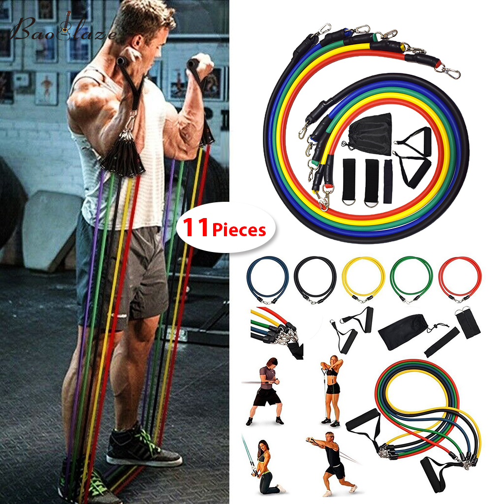 Baoblaze 11Pcs Elastic Exercise Bands Set with Handles Door Anchor Ankle Straps Workout Bands Kit Gym Yoga Fitness Training