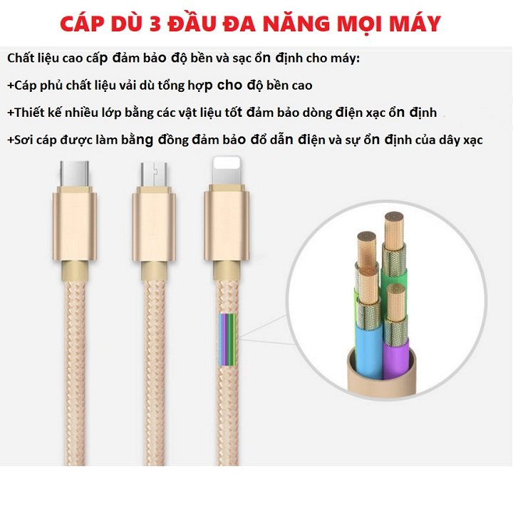 Dây sạc tự động - Cáp sạc dữ liệu sạc nhanh 100W Micro USB Type C 3 trong 1 - Dây bọc dù , chắc chắn , an toàn , bền đẹp