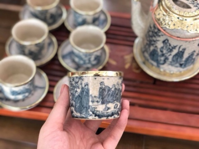 Bộ ấm chén rạn bọc đồng tích Sơn Thuỷ hữu tình