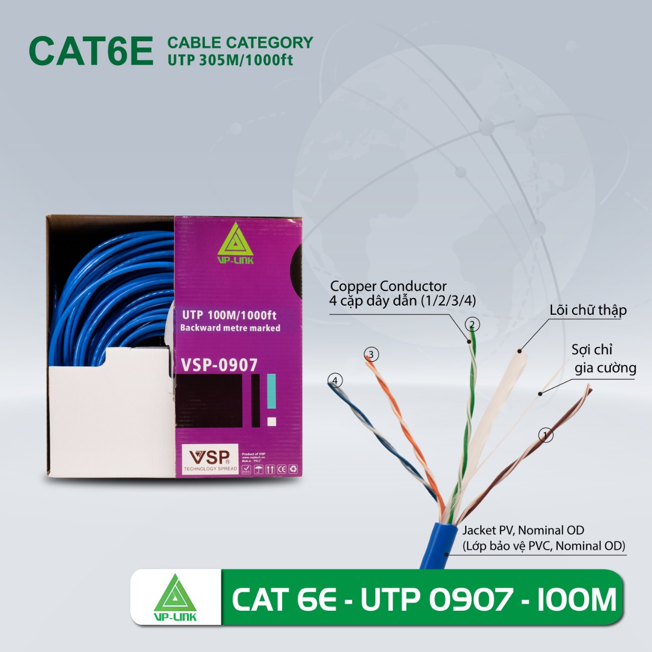 Cable LAN VISION 0907 UTP CAT6E (100m, Xanh dương, Lõi chữ thập) - Cáp mạng