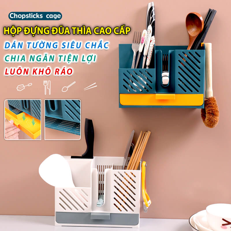 Wall-Mounted Chopsticks and Spoon Box with Lid and 3 Hooks Drainage Tray  Anti-Dirt Ecoco Super Adhesive Stickers