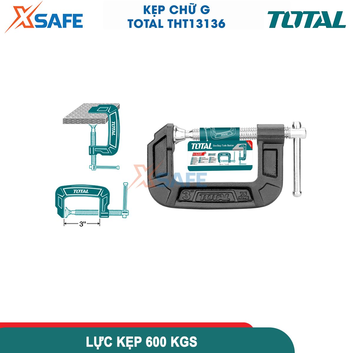 Cảo chữ C đa năng cao cấp TOTAL THT13136 3" kẹp chữ G chất liệu gang đúc nguyên khối cứng không gỉ chịu lực 1100kg gia công đá gỗ kim loại kính