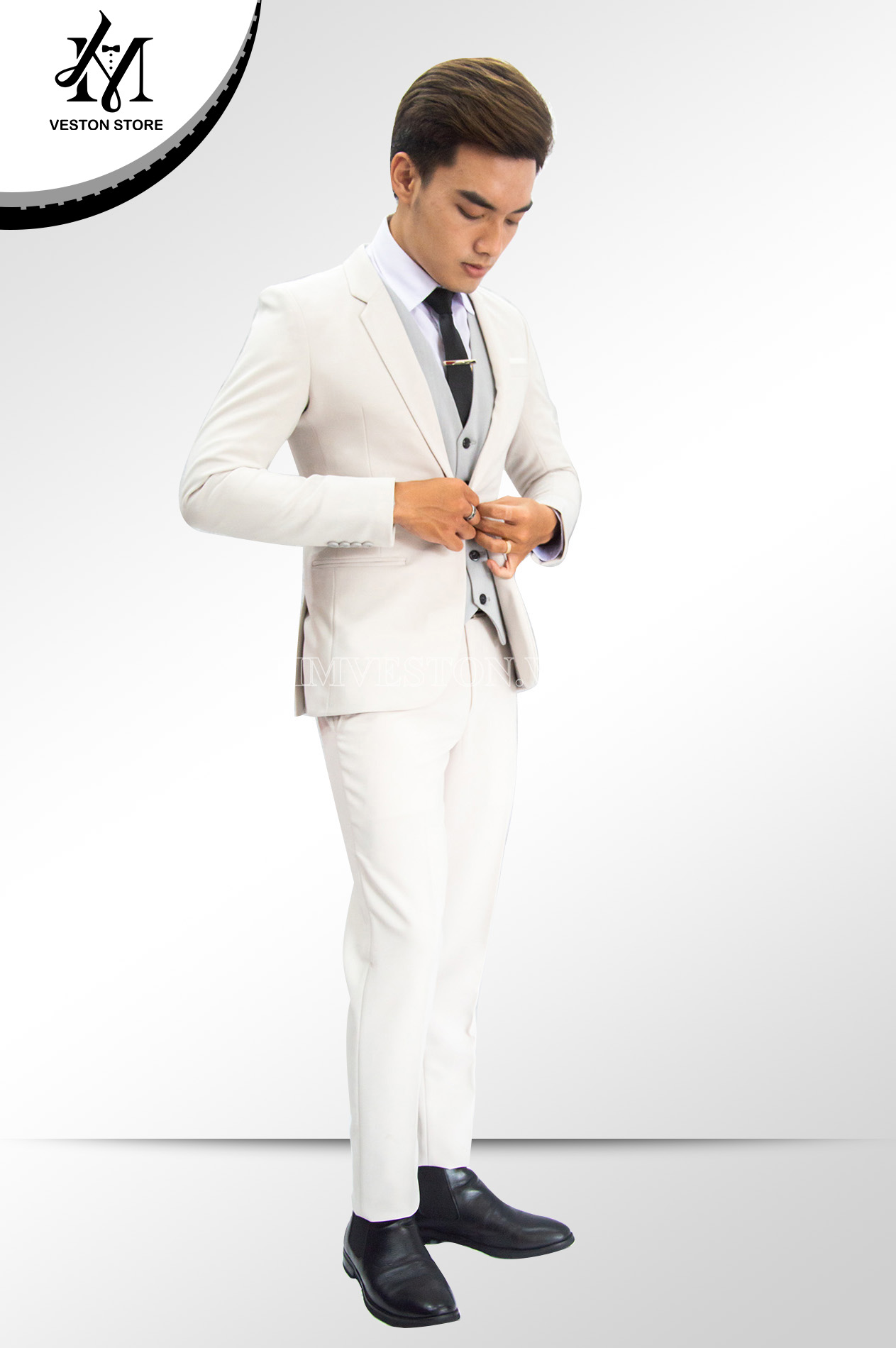 [Full Set] Bộ vest nam màu kem (áo vest+áo gile+quần+cà vạt+nơ)