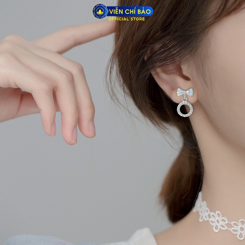 Bông tai bạc nữ Nơ đính đá dễ thương, khuyên tai nữ bạc 925 vòng tròn donut trẻ trung nữ tính Viễn Chí Bảo B400561