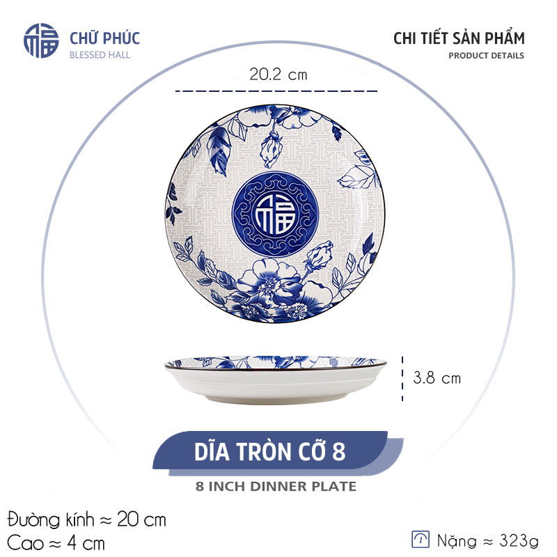Dĩa tròn gốm sứ hoa văn Chữ Phúc 4D