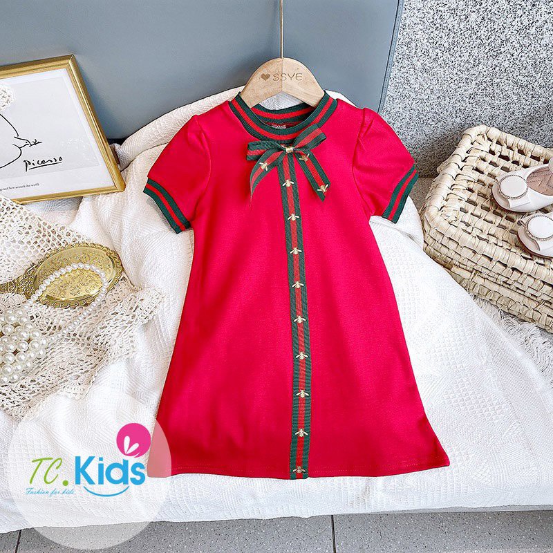 Đầm bé gái cực sang phối sọc gucci