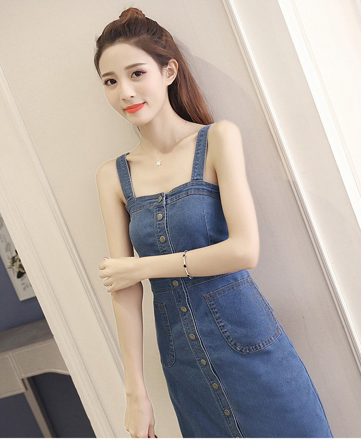 [HCM]Đầm Yếm Jean Nữ Form Dài Nút Cài Dọc