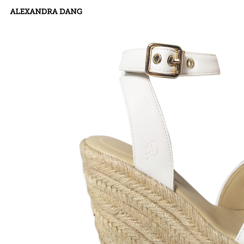 Giày Sandal Da Đế Xuồng Bọc Cói AD màu trắng
