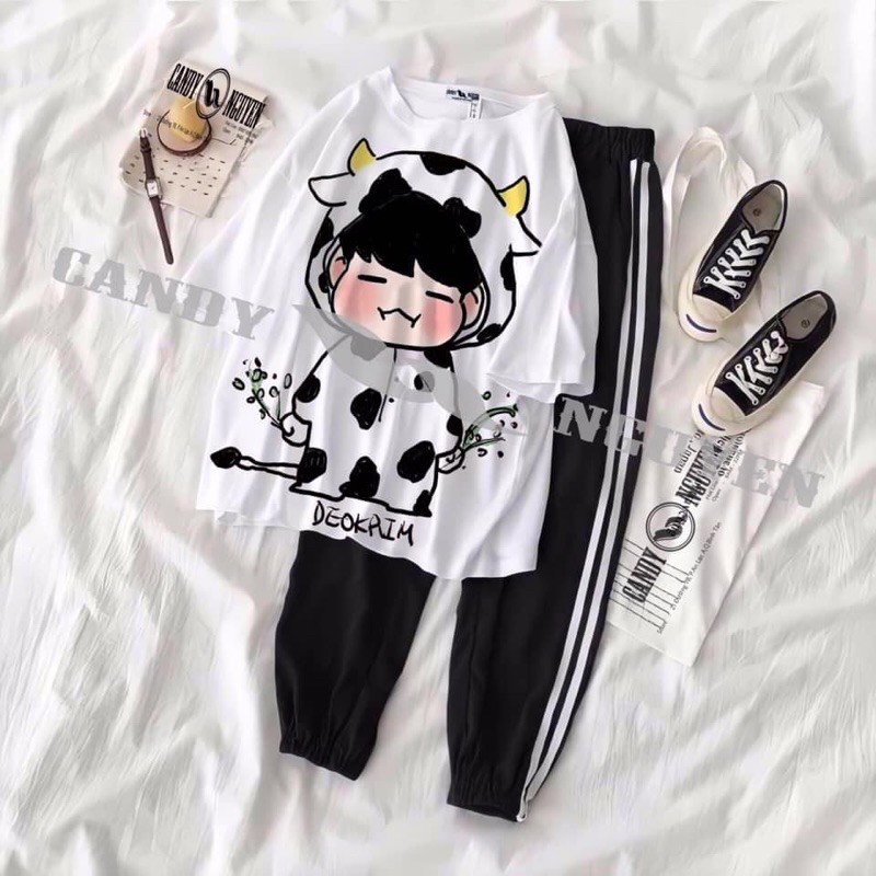 Sét áo em bé bò sữa và em bé đeo kính + quần 2 sọc chun