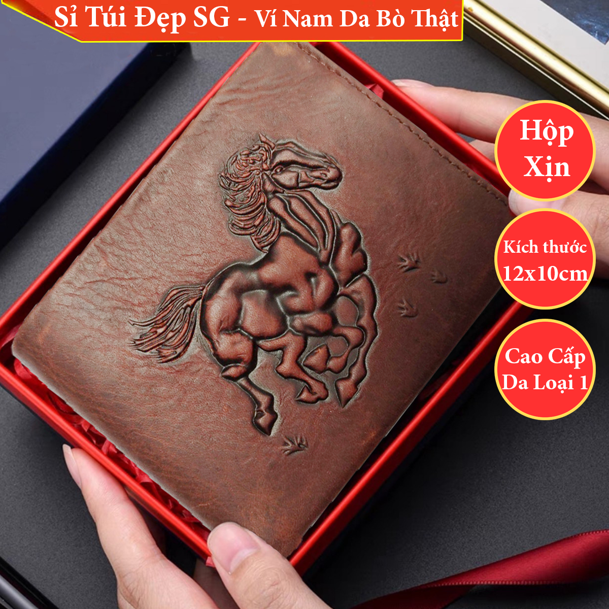 [HCM][Sale 1 ngày]  Ví Nam Da Bò Thật Cao Cấp dập logo ngựa mạnh mẽ, da mềm mịn bao thử da xịn êm ái cá tính nội địa - vina009 - Kho3CE