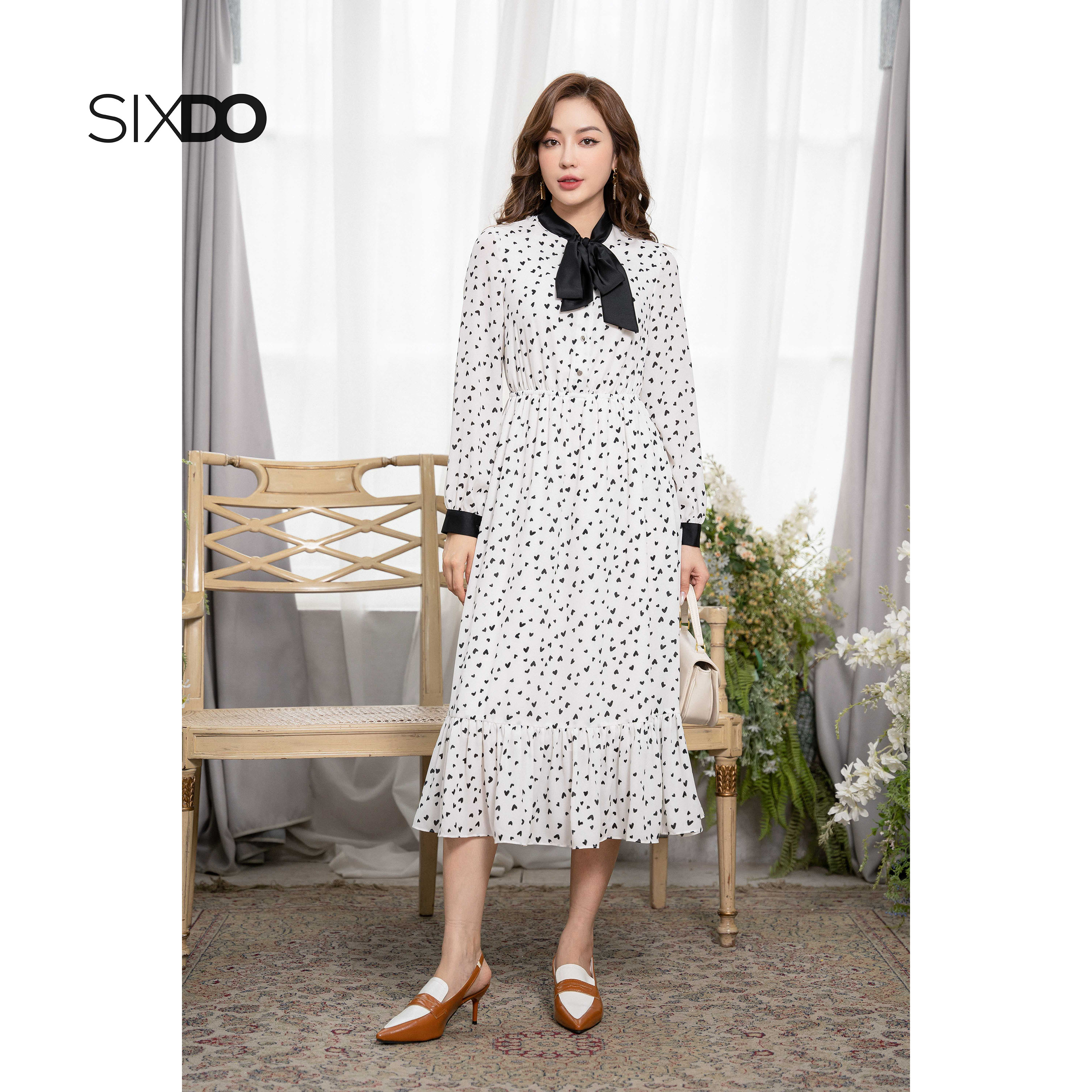 Đầm chiffon trắng họa tiết trái tim SIXDO (White Midi Chiffon Dress With Bowtie)