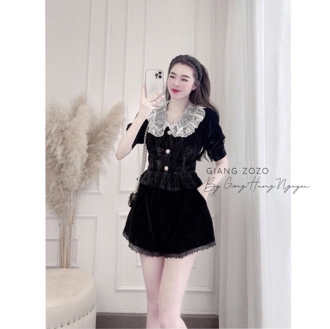 Quần Short Nhung Mịn Lưng Cao Phối Ren Viền KT