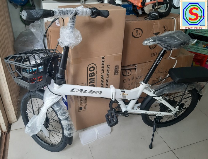 Xe đạp gấp bánh 20 inch califa có giỏ nệm baga - mã cg20d tay đề vặn shimano revoshif 7 speed