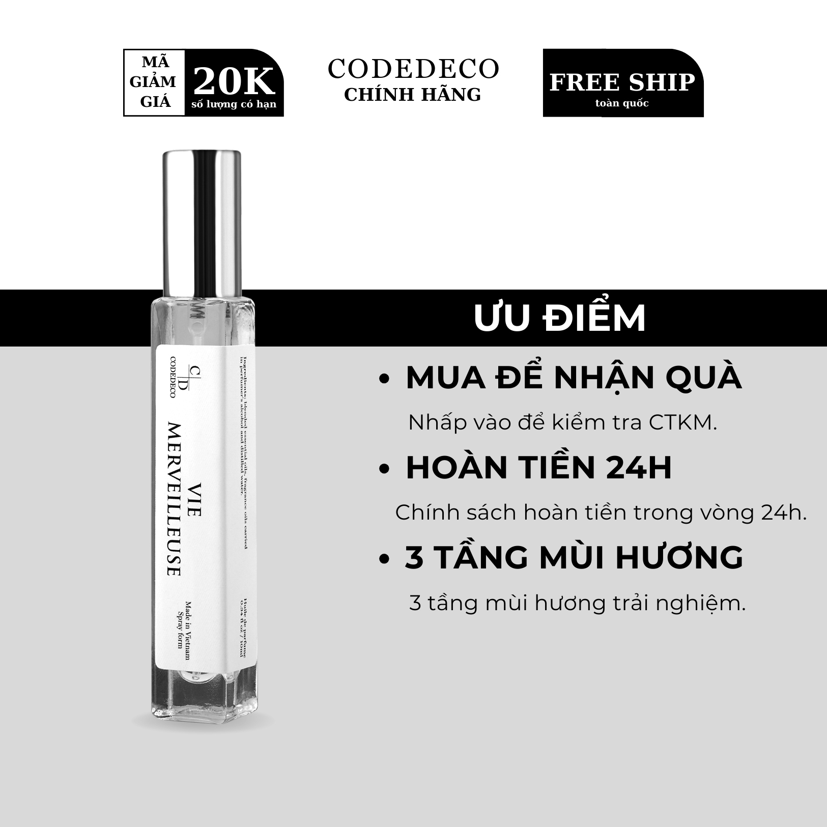 Tinh dầu nước hoa CODEDECO Vie Merveilleuse 10ml dạng chai xịt, ngọt ngào, ấm áp