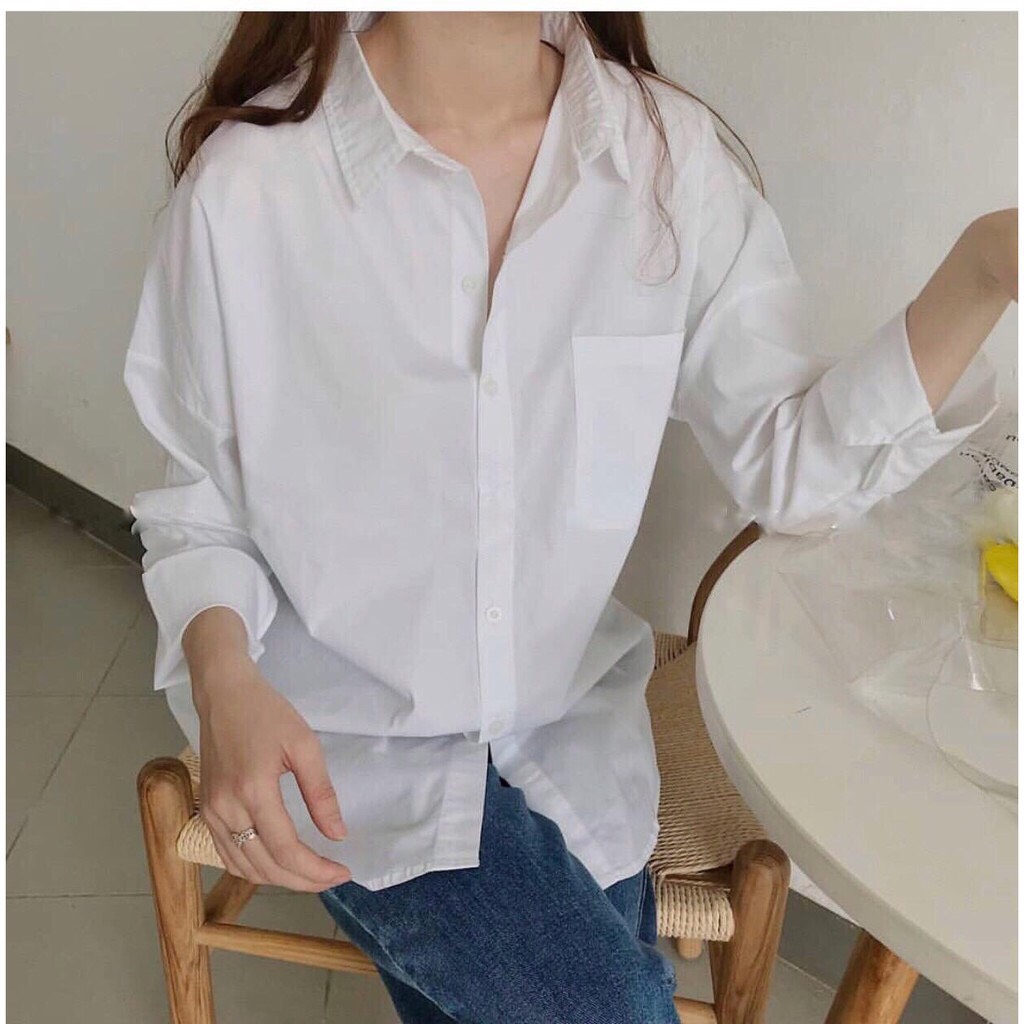 [Giá Sỉ] Áo sơ mi trắng trơn dài tay 1 túi oversize form rộng basic