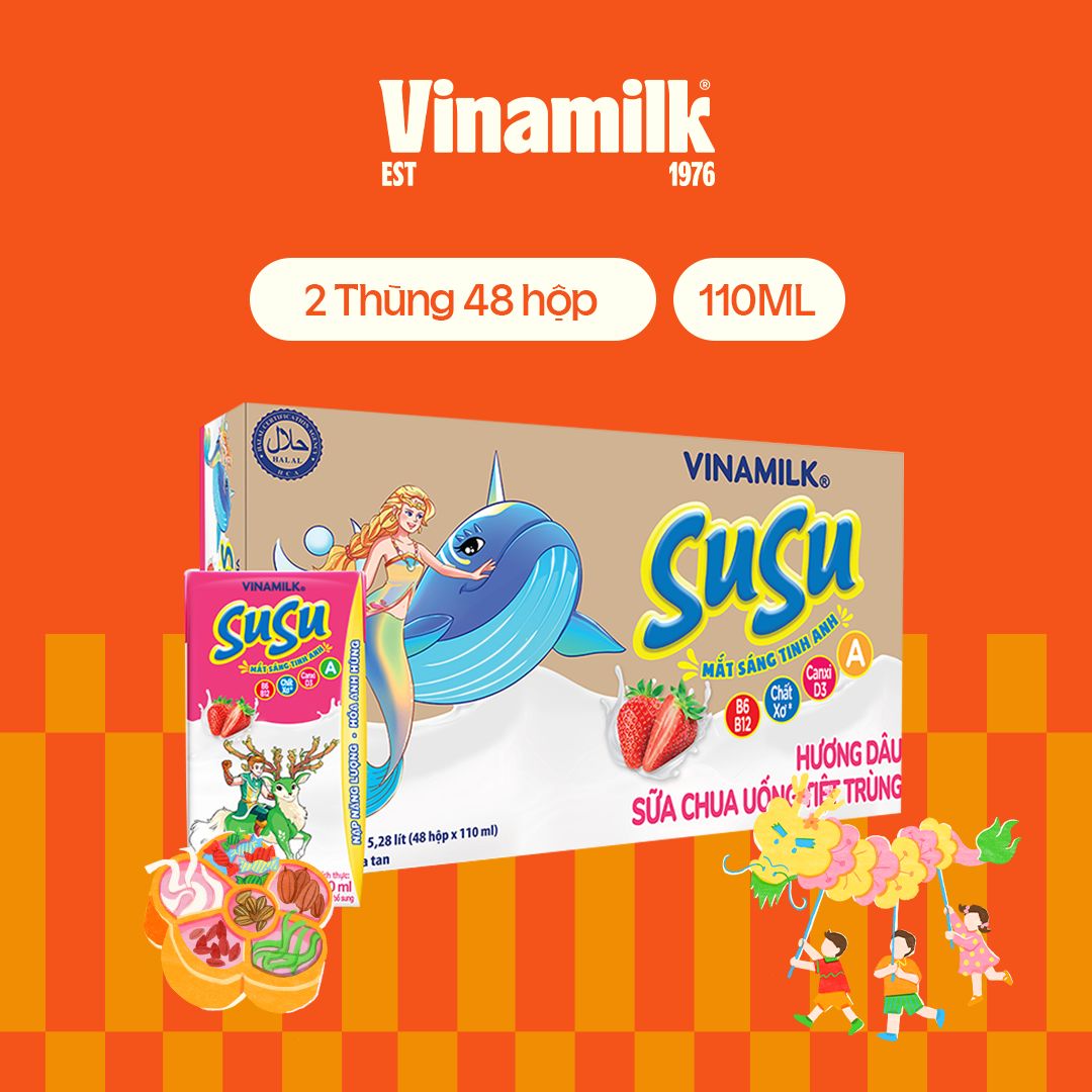 Bộ 2 Thùng (96 hộp) Sữa chua uống Susu hương dâu 110ml