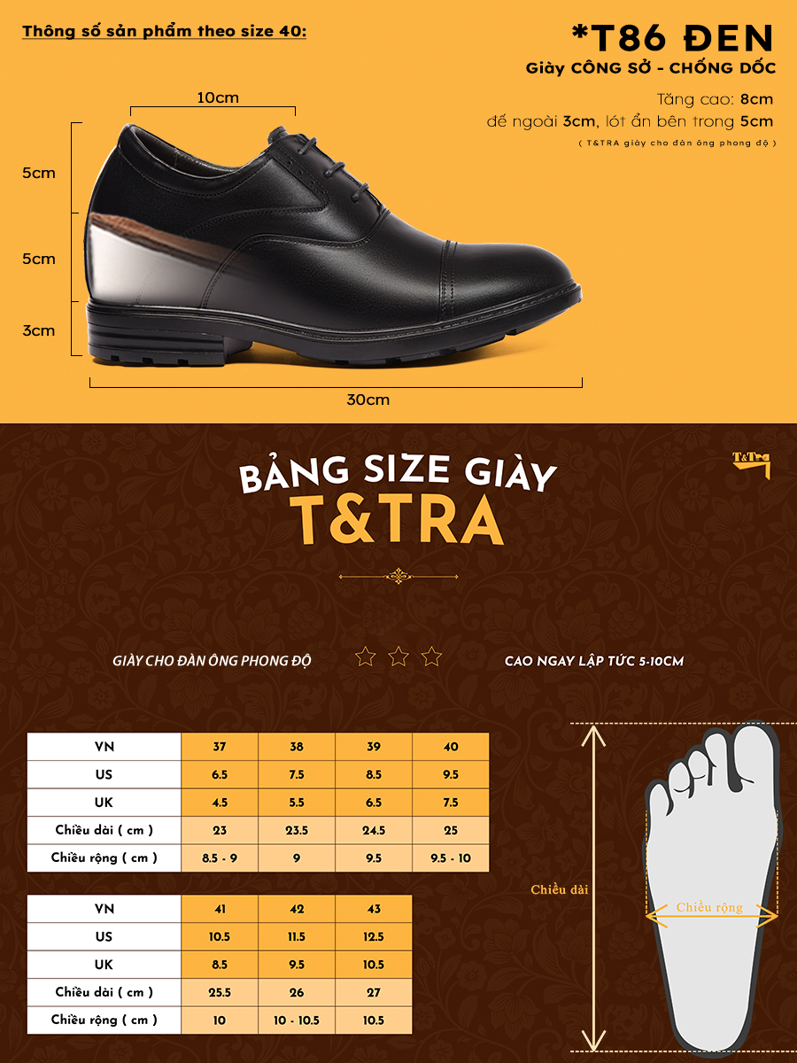 [ 8CM ] Giày Độn Nam T&TRA T86 Đen