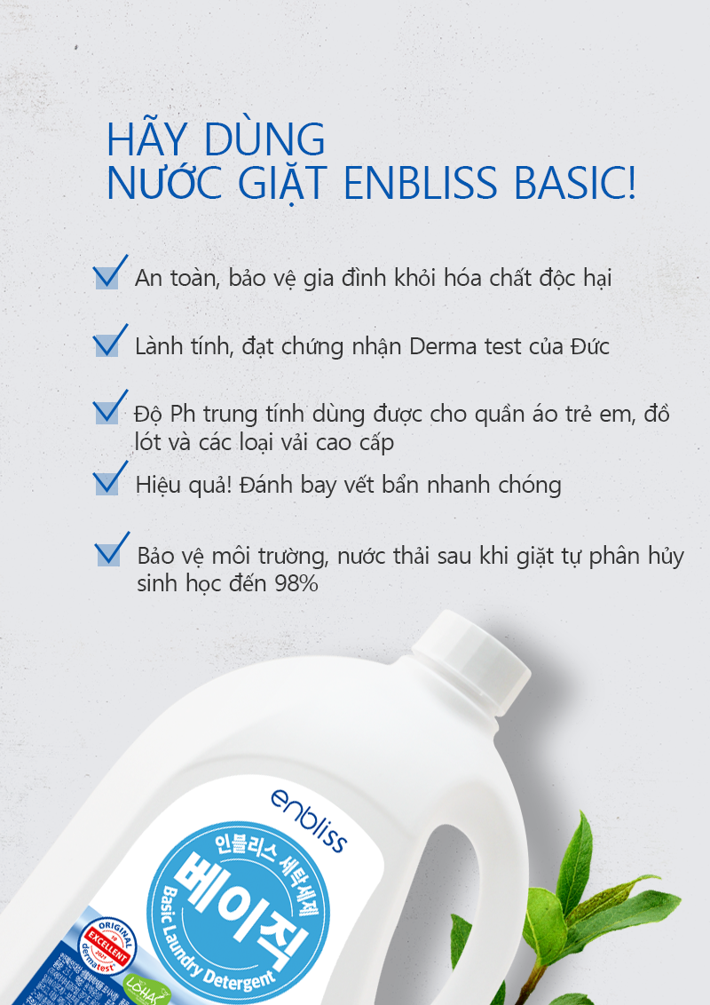 Thùng 4 can Nước giặt 2,5 L gốc thực vật Enbliss Basic Hàn Quốc