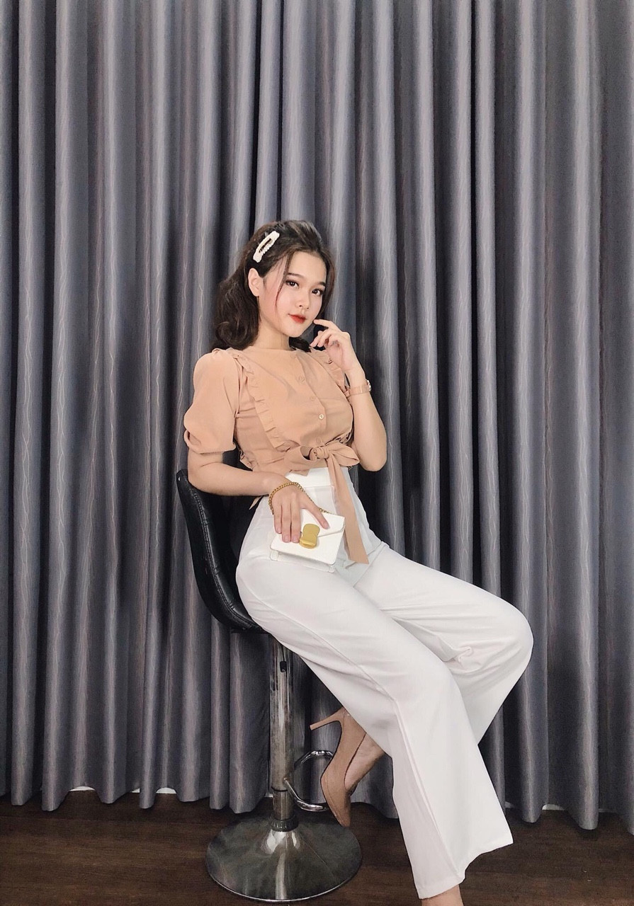 Sét bộ áo kiểu cúc trước ngực kềm thắt nơ phối quần ống rộng TTSA0108
