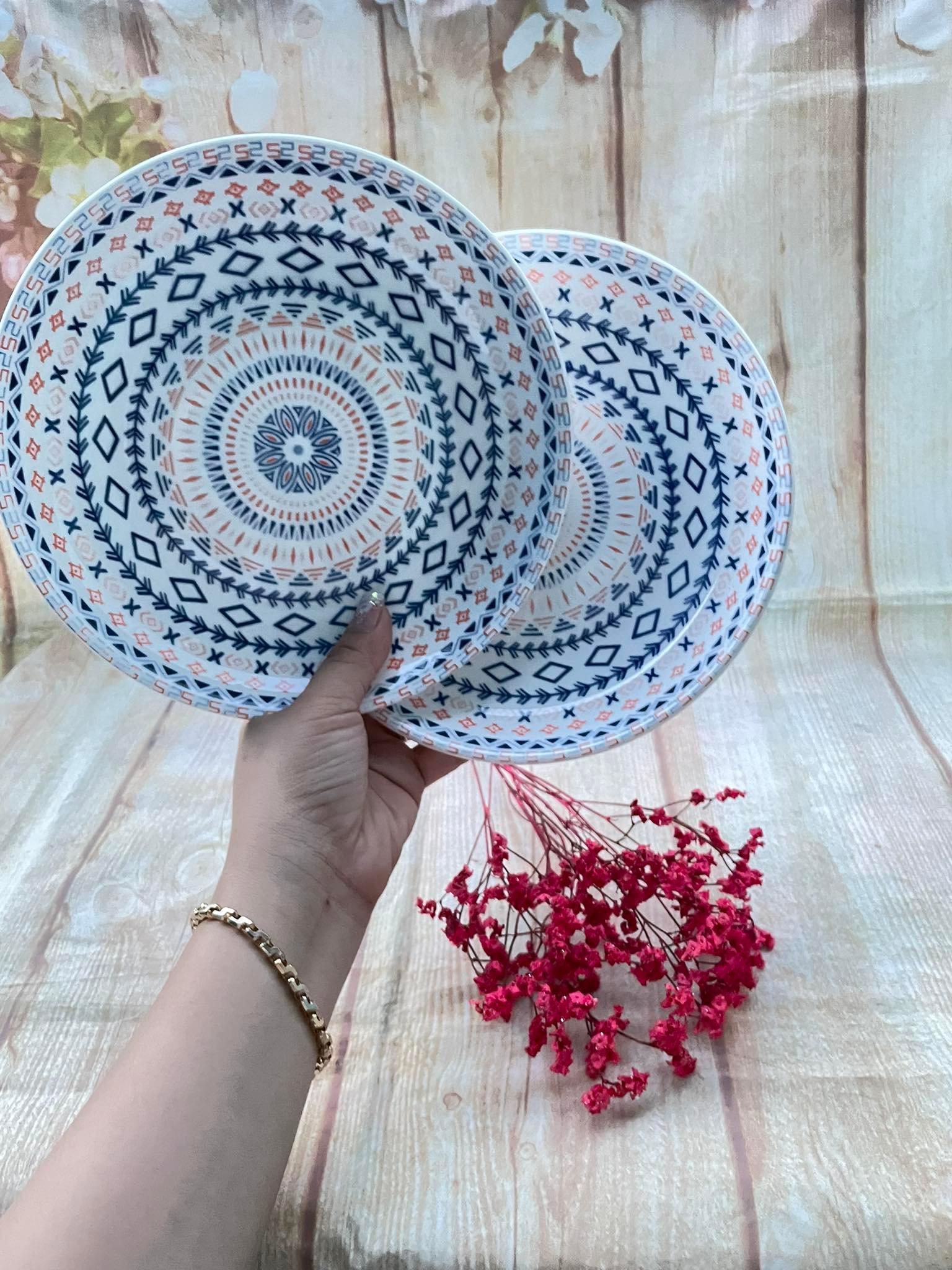 Set 2 dĩa sứ pastel hoa văn thổ cẩm cao cấp đk 20cm