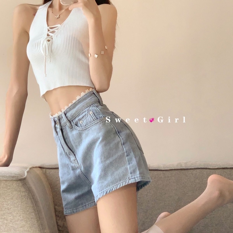 QUẦN SOOC XANH NHẠT VIỀN REN CẠP CAO CÁ TÍNH