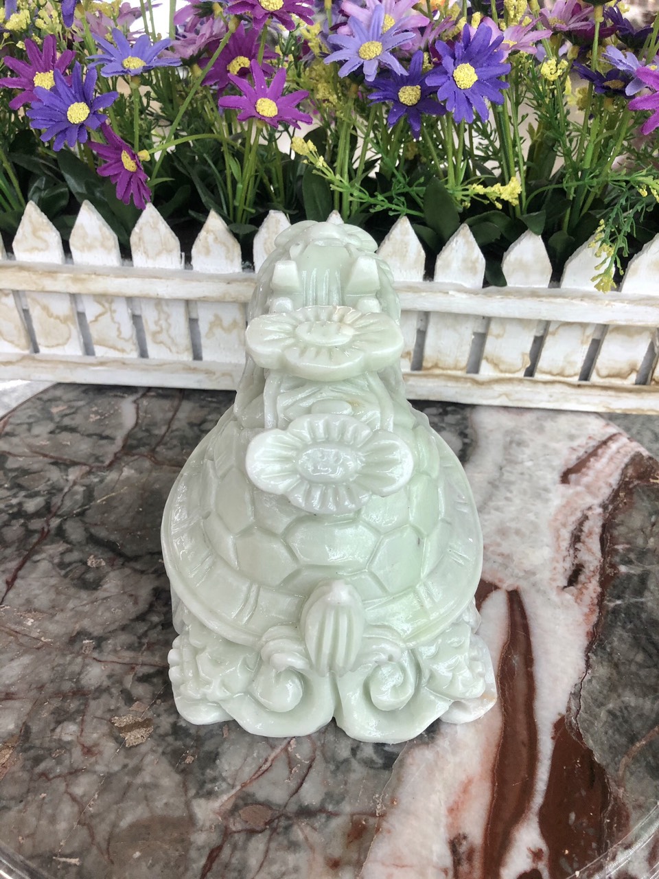 Tượng Long Quy ( Rùa đầu rồng ) cõng gậy như ý phong thủy đá cẩm thạch trắng xanh - Dài 15 cm