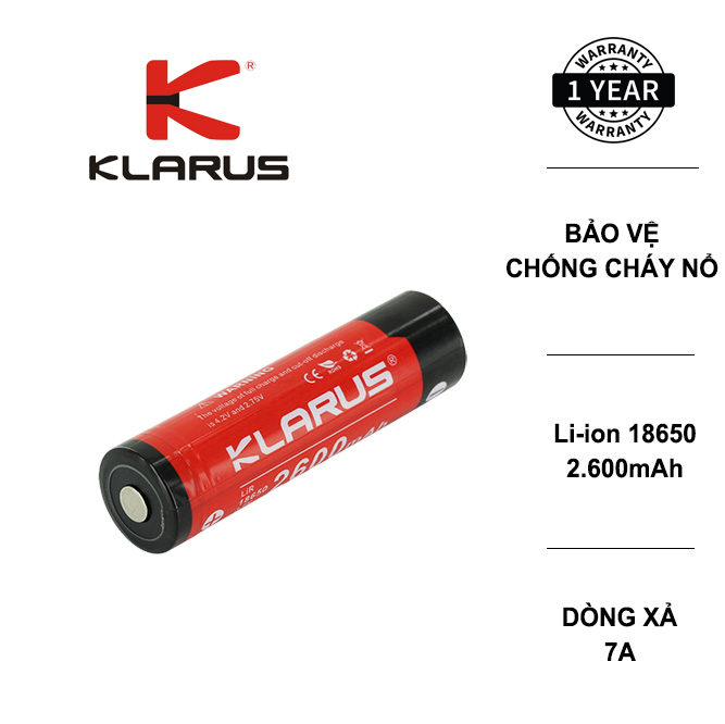 Pin sạc Klarus 18650 dung lượng 2600mAH
