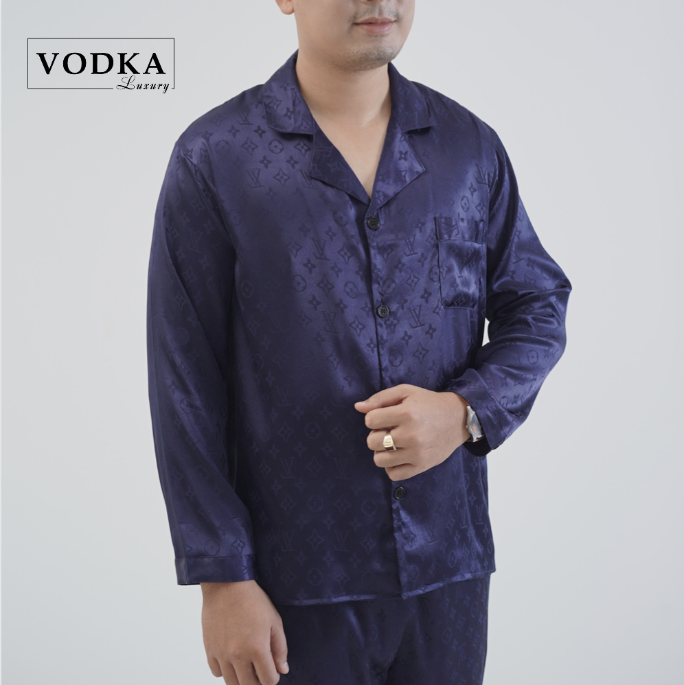 Đồ ngủ nam Vodka Luxury pijama nam chất lụa cao cấp dệt hoa văn màu xanh than đẹp sang chảnh LV32