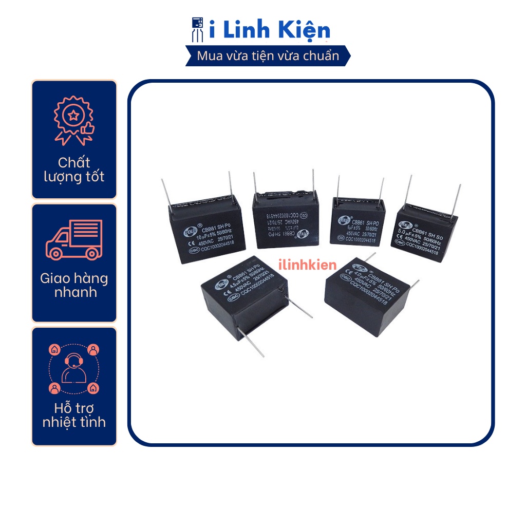 Tụ quạt 1uF 450VAC chân hàn mạch PCB CBB61