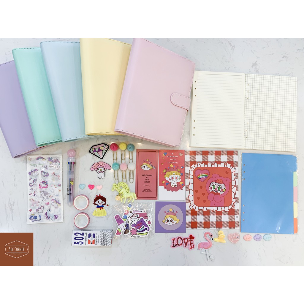 BỘ SẢN PHẨM SỔ CÒNG PLANNER 6 LỖ SIZE A5 (Giấy - Phân trang - Sticker - Bút - Kẹp - Móc)