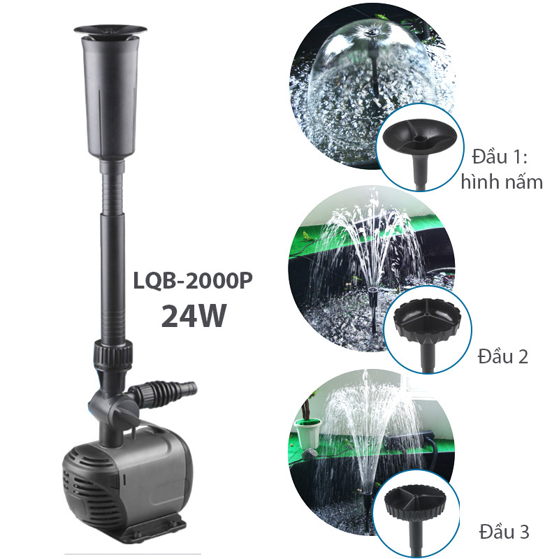 Máy bơm chìm LQB2000P-220V24W không chổi than có đầu phun hình nấm cho tiểu cảnh, hòn non bộ, bể cảnh