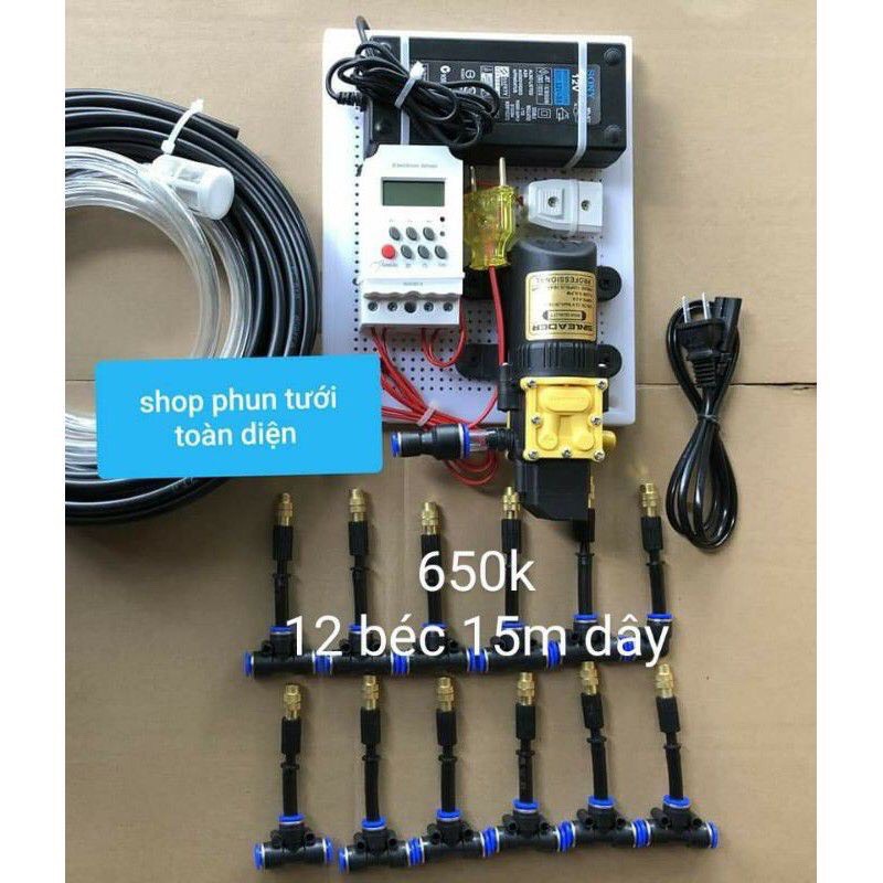 Bộ phun sương tự động 12 15 béc đồng bơm đơn Sinleader, USA, Việt Nhật tưới cây, tưới lan, làm mát mái nhà, tưới rau cho giàn 10 15 m2