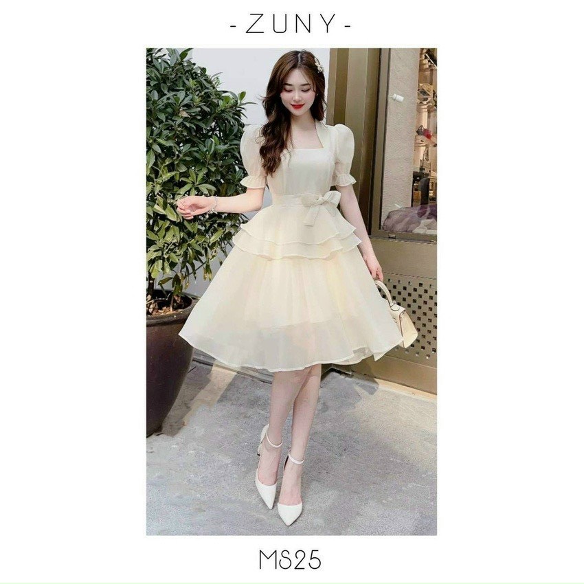 Đầm tầng voan trắng cổ vuông tay ngắn phông vái thắt eo nơ phong cách tiểu thư, Đầm trắng tầng eo thắt nơ dáng xòe hai lớp