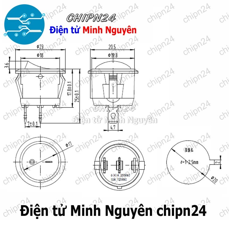 [2 cái] (F98.1) Công tắc Tròn 20MM Đen 2 Chân 2 vị trí (6A 250VAC) (CTTD2C20mm) - HH001393