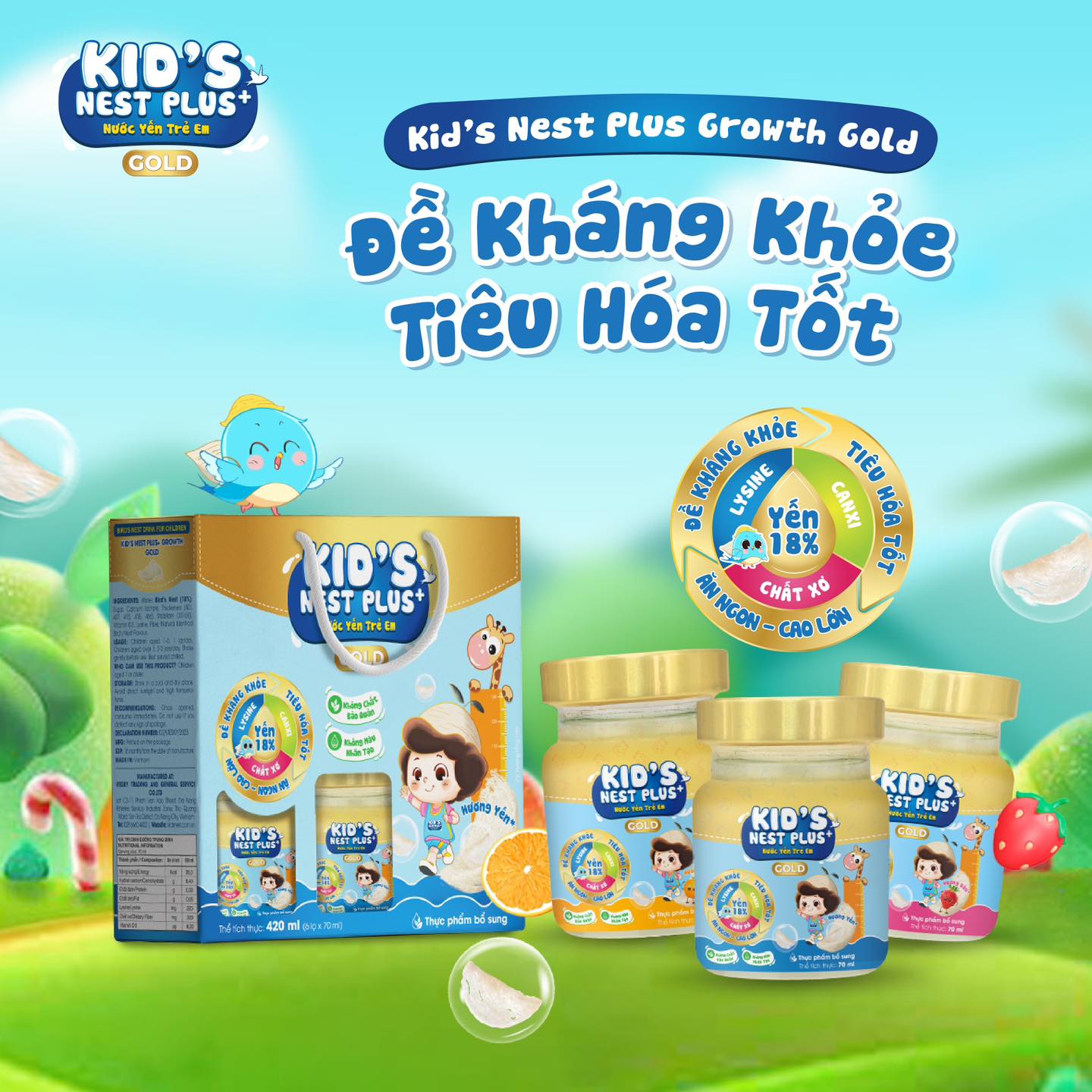 Yến Sào Cho Bé Hộp 6 Hũ Kid's Nest Plus+ GOLD Hỗ Trợ Sức Khỏe Trẻ Ăn Ngon Cao Lớn (6 hũ x 70ml)