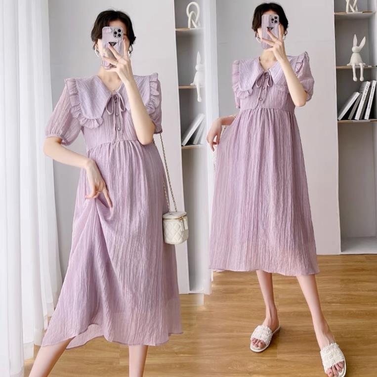 Váy bầu đũi, Đầm bầu Cổ V Màu Tím Pastel
