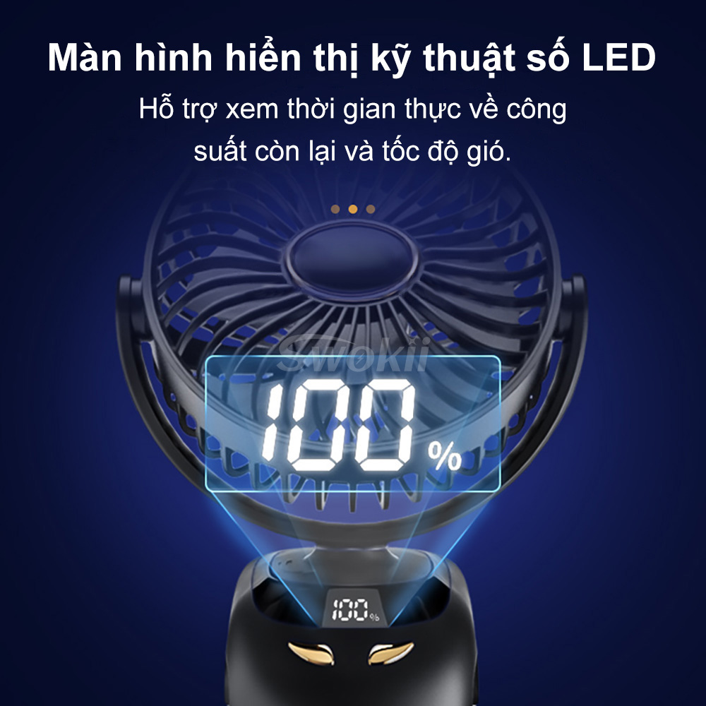 Swokii N33 quạt tích điện, quạt tích điện mini 12 tiếng, quạt mini siêu mạnh với màn hình kỹ thuật số, 5 tốc độ gió có thể điều chỉnh, Dành cho Văn phòng/Ký túc xá/Phòng ngủ/Xe đẩy